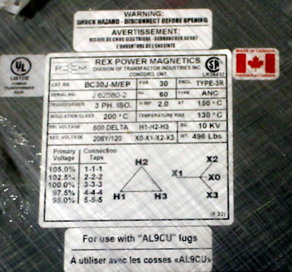 30 kVA REX New Transformer 600-120/208V Cat No BC30J-M/EP SKU 1068