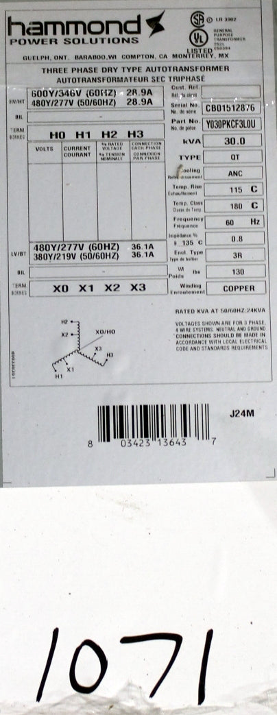 30 kVA HPS New Transformer 600/346-480/277V Cat No Y030PKCF3LOU SKU 1071