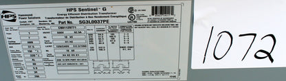 37.5 kVA HPS New Transformer 600-120/240V Cat No XG3L0037PE SKU 1072