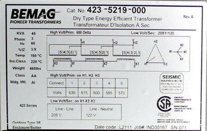 45 kVA BEMAG New Transformer 600-120/208V Cat No 423-5219-000 SKU 1111