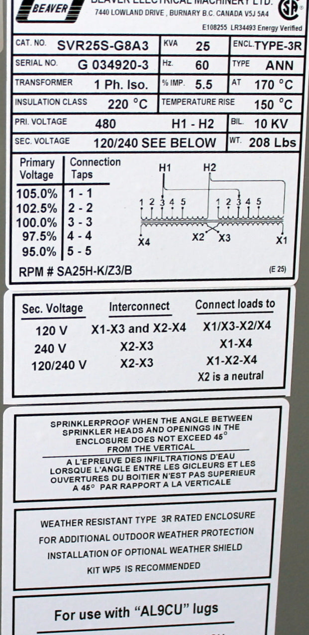 25 kVA REX New Transformer 480-120/240V Cat No SVR25S-G8A3 SKU 1132