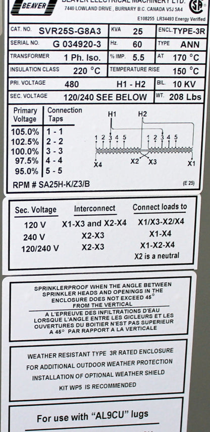 25 kVA REX New Transformer 480-120/240V Cat No SVR25S-G8A3 SKU 1132