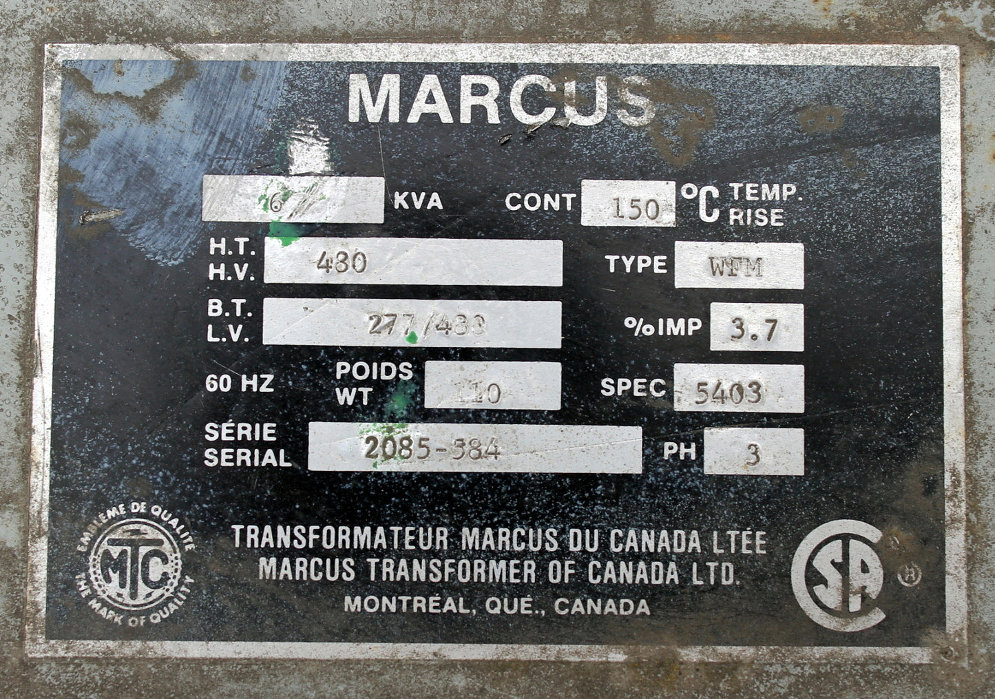 6 kVA MARCUS Reconditioned Transformer 480-277/480V Cat No 2085-584 S/N SKU 3013