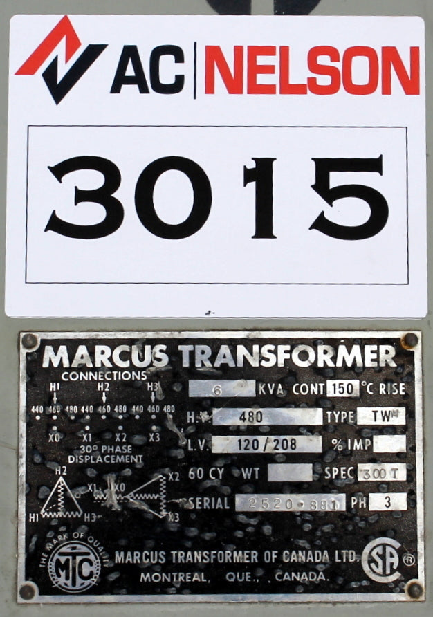 6 kVA MARCUS Reconditioned Transformer 480-120/208V Cat No 2520-881 S/N SKU 3015