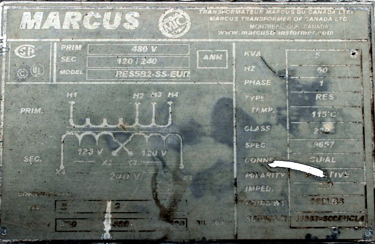 5 kVA MARCUS Reconditioned Transformer 480-120/240V Cat No RES5B2-SS-EUR SKU 3017