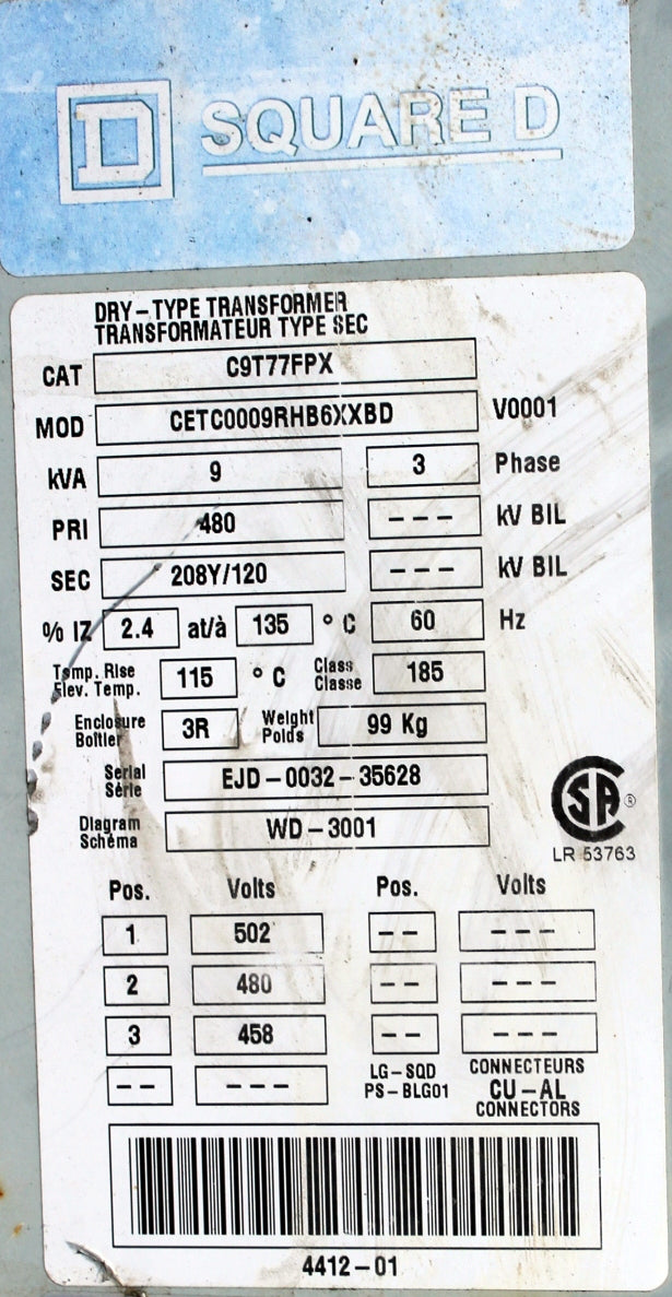 9 kVA SQD Reconditioned Transformer 480-120/208V Cat No C9T77FPX SKU 3024