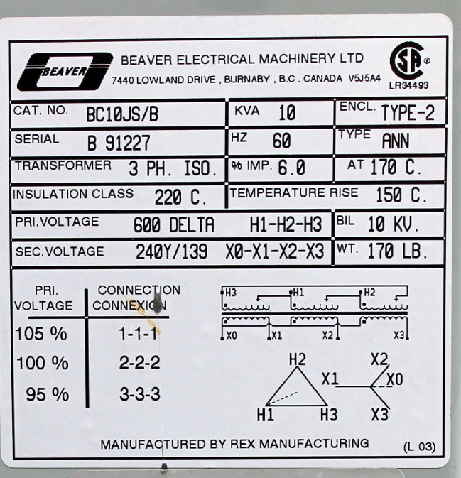 10 kVA REX Reconditioned Transformer 600-240/139V Cat No BC10JS/B SKU 3027