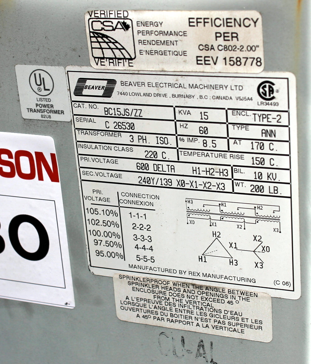 15 kVA REX Reconditioned Transformer 600-240/139V Cat No BC15JS/ZZ SKU 3030