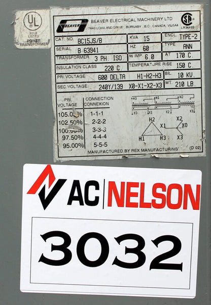 15 kVA REX Reconditioned Transformer 600-240/139V Cat No BC15JS/B SKU 3032