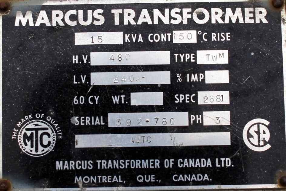 15 kVA MARCUS Reconditioned Transformer 480-240V Cat No 392-780 SKU 3033