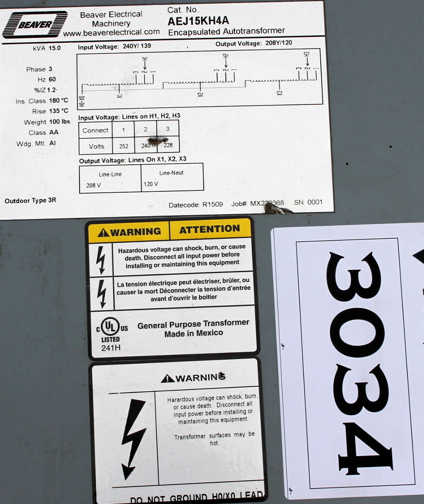 15 kVA REX Reconditioned Transformer 240/139-208/120V Cat No AEJ15KH4A SKU 3034