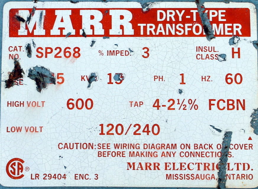 15 kVA MARR Reconditioned Transformer 600-120/240V Cat No SP268 SKU 3035