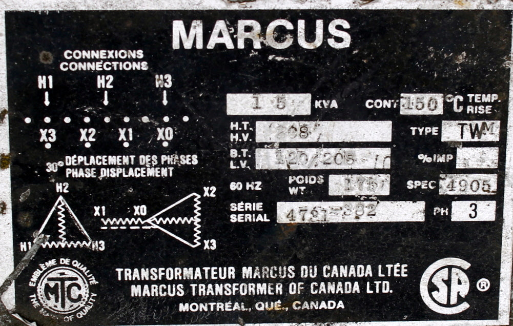 15 kVA MARCUS Reconditioned Transformer 208-120/208V Cat No SKU 3036