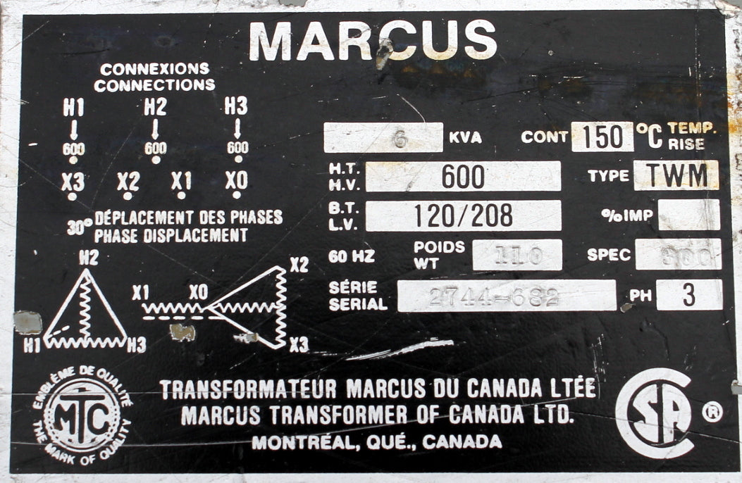 6 kVA MARCUS Reconditioned Transformer 600-120/208V Cat No 2744-682 SKU 3041