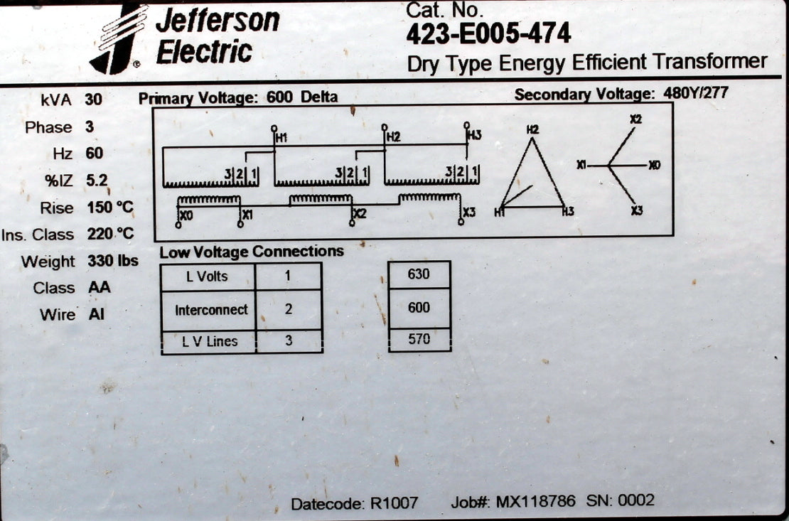 30 kVA JEFFERSON Reconditioned Transformer 600-277/480V Cat No 423-E005-474 SKU 3043