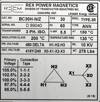 30 kVA REX Reconditioned Transformer 480-416/240V Cat No BC30H-N/Z SKU 3044