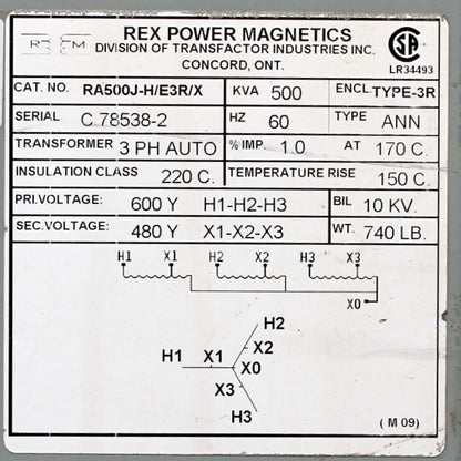 500 kVA REX Reconditioned Transformer 600-480V Cat No RA500J-H/E3R/X SKU 3047