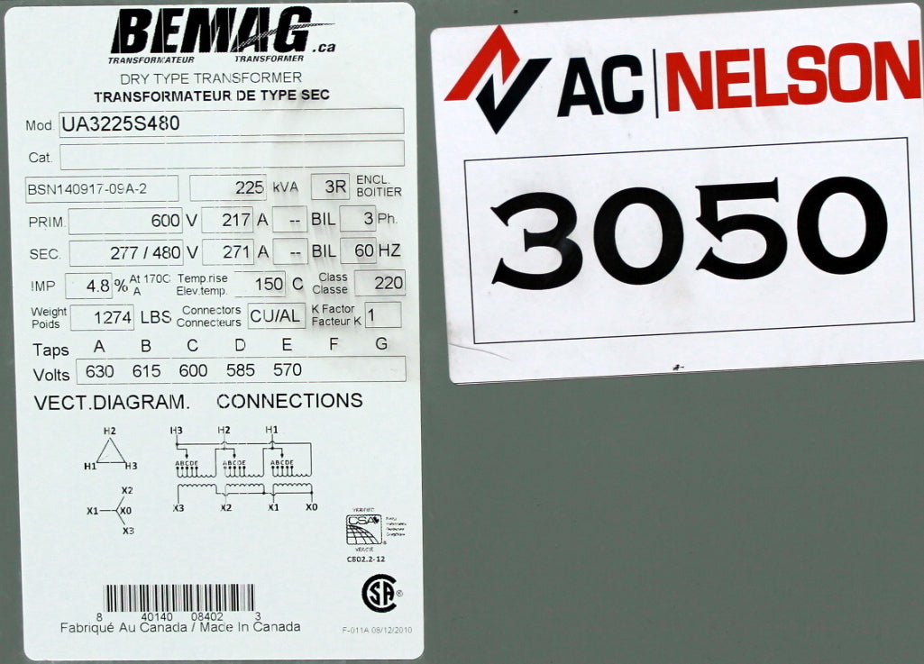 225 kVA BEMAG Reconditioned Transformer 600-277/480V Cat No UA3225S480 SKU 3050