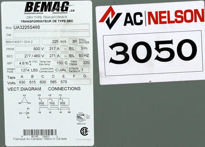 225 kVA BEMAG Reconditioned Transformer 600-277/480V Cat No UA3225S480 SKU 3050