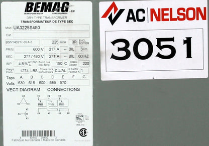 225 kVA BEMAG Reconditioned Transformer 600-277/480V Cat No UA3225S480 SKU 3051