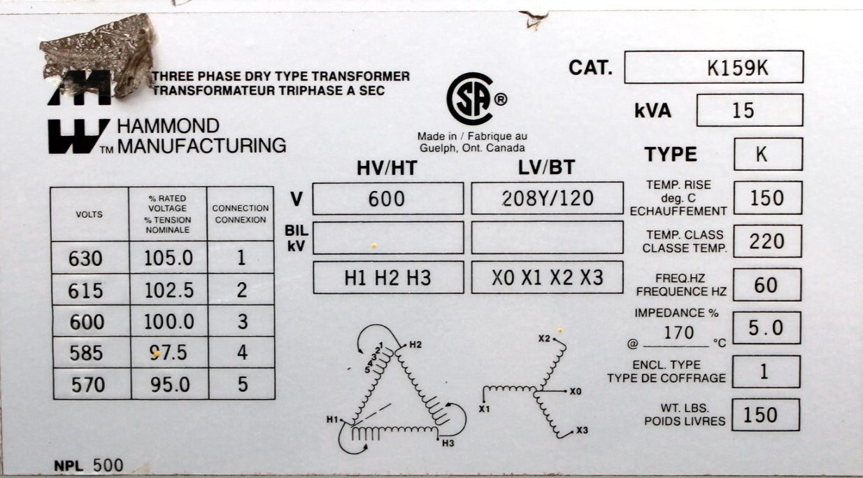 15 kVA HPS Reconditioned Transformer 600-120/208V Cat No K159K SKU 3052