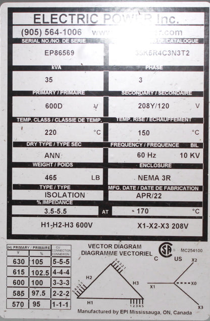 35 kVA EPI Reconditioned Transformer 600-120/208V Cat No 35K5R4C3N3T2 SKU 3053