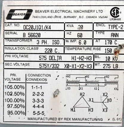 30 kVA REX Reconditioned Transformer 575-575/332V Cat No DC2051Q1/K4 SKU 3057