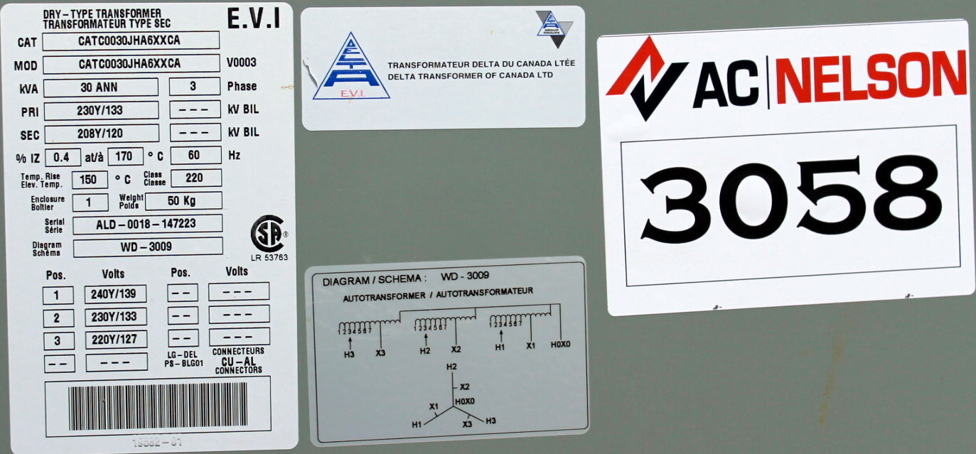 30 kVA DELTA Reconditioned Transformer 230/133-208/120V Cat No C0030JHA6XXCA SKU 3058