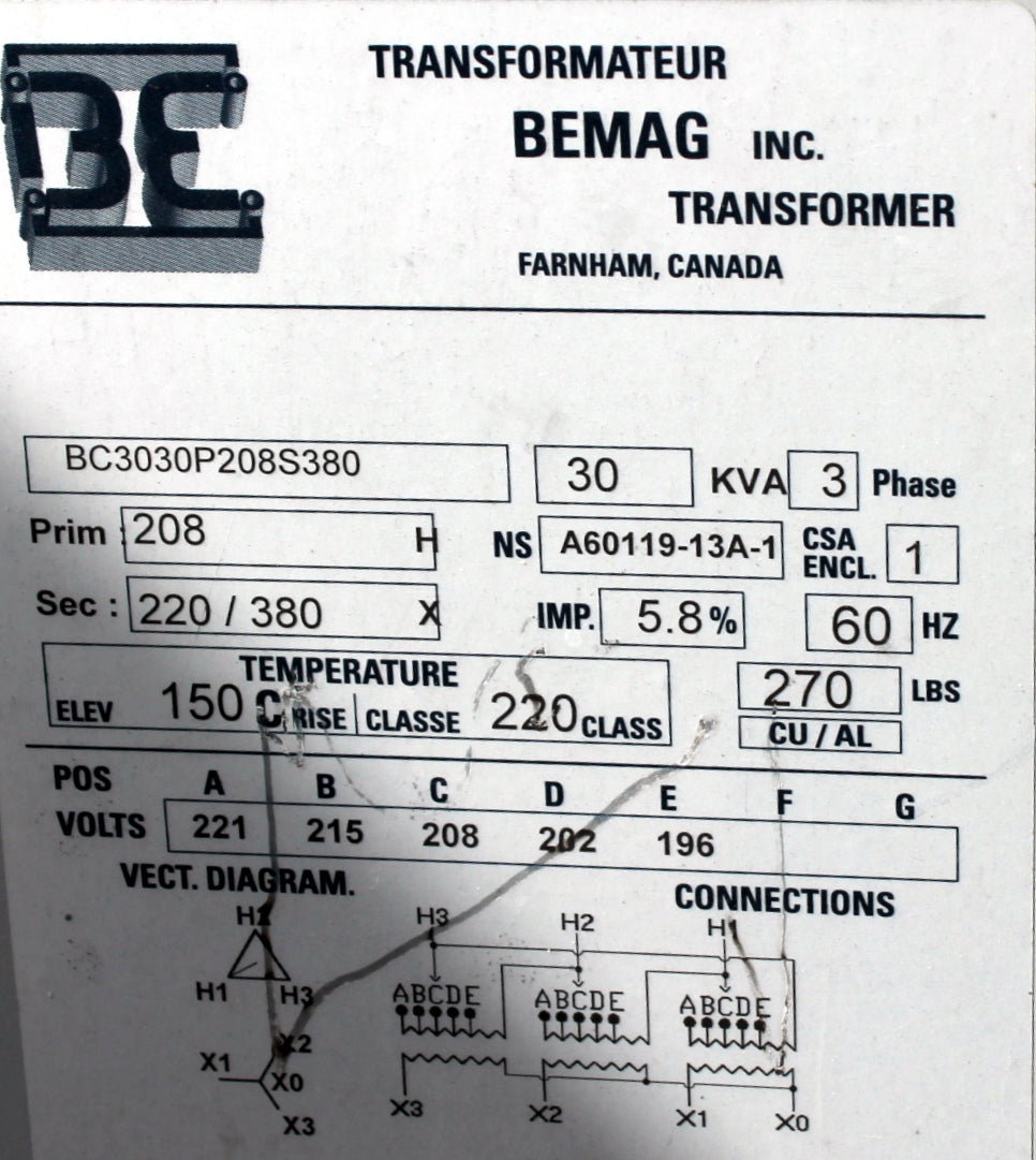 30 kVA BEMAG Reconditioned Transformer 208-380/220V Cat No BC3030P2 08S 380 SKU 3062