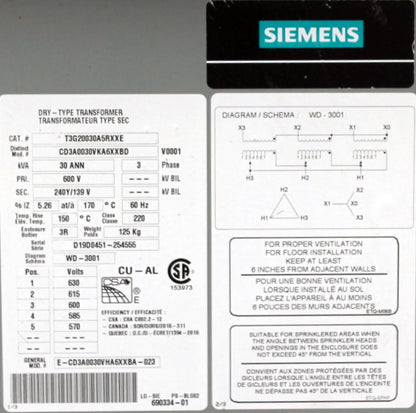 30 kVA SIEMENS Reconditioned Transformer 600-240/139V Cat No T3G20030A5RXXE SKU 3064