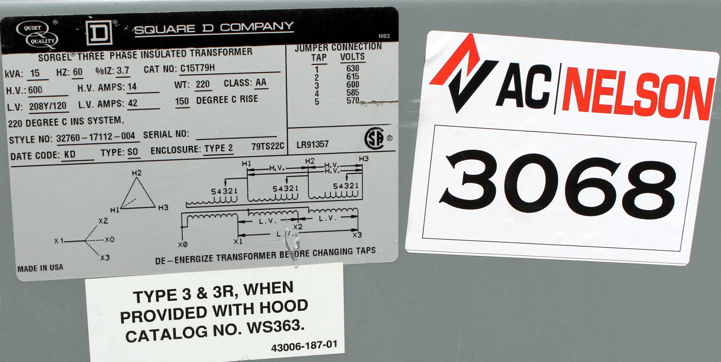 15 kVA SQD Reconditioned Transformer 600-120/208V Cat No C15T79H SKU 3068