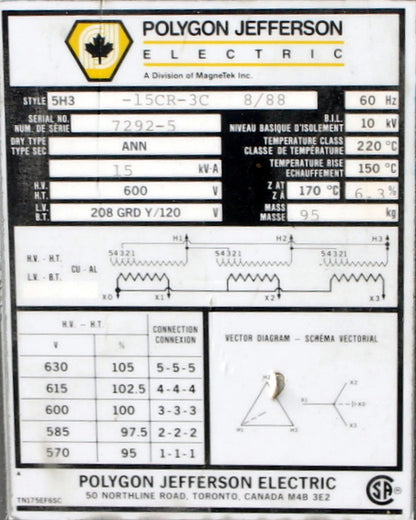 15 kVA POLYGON JEFFERSON Reconditioned Transformer 600-120/208V Cat No 5H3-15CR-3C SKU 3069