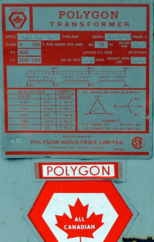 15 kVA POLYGON Reconditioned Transformer 600-120/208V Cat No 5H3-15C-16 SKU 3071