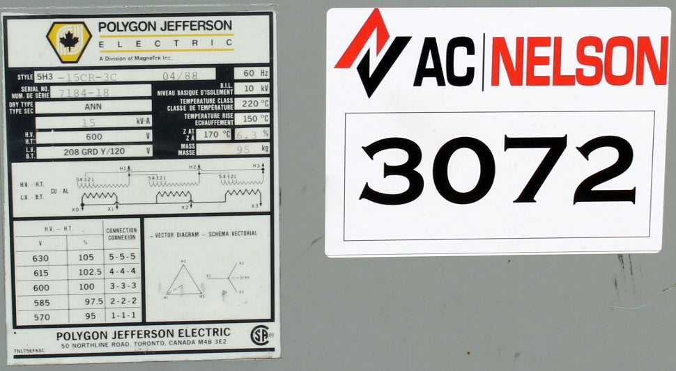 15 kVA POLYGON JEFFERSON Reconditioned Transformer 600-120/208V Cat No 5H3-15CR-3C SKU 3072