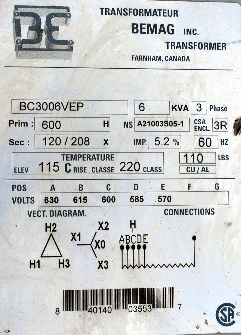 6 kVA BEMAG Reconditioned Transformer 600-120/208V Cat No BC3006VEP SKU 3077