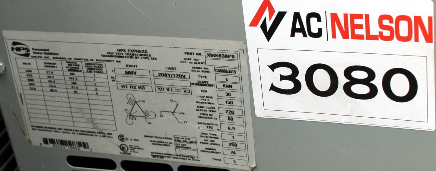 30 kVA HPS Reconditioned Transformer 600-120/208V Cat No XMK030PB SKU 3080