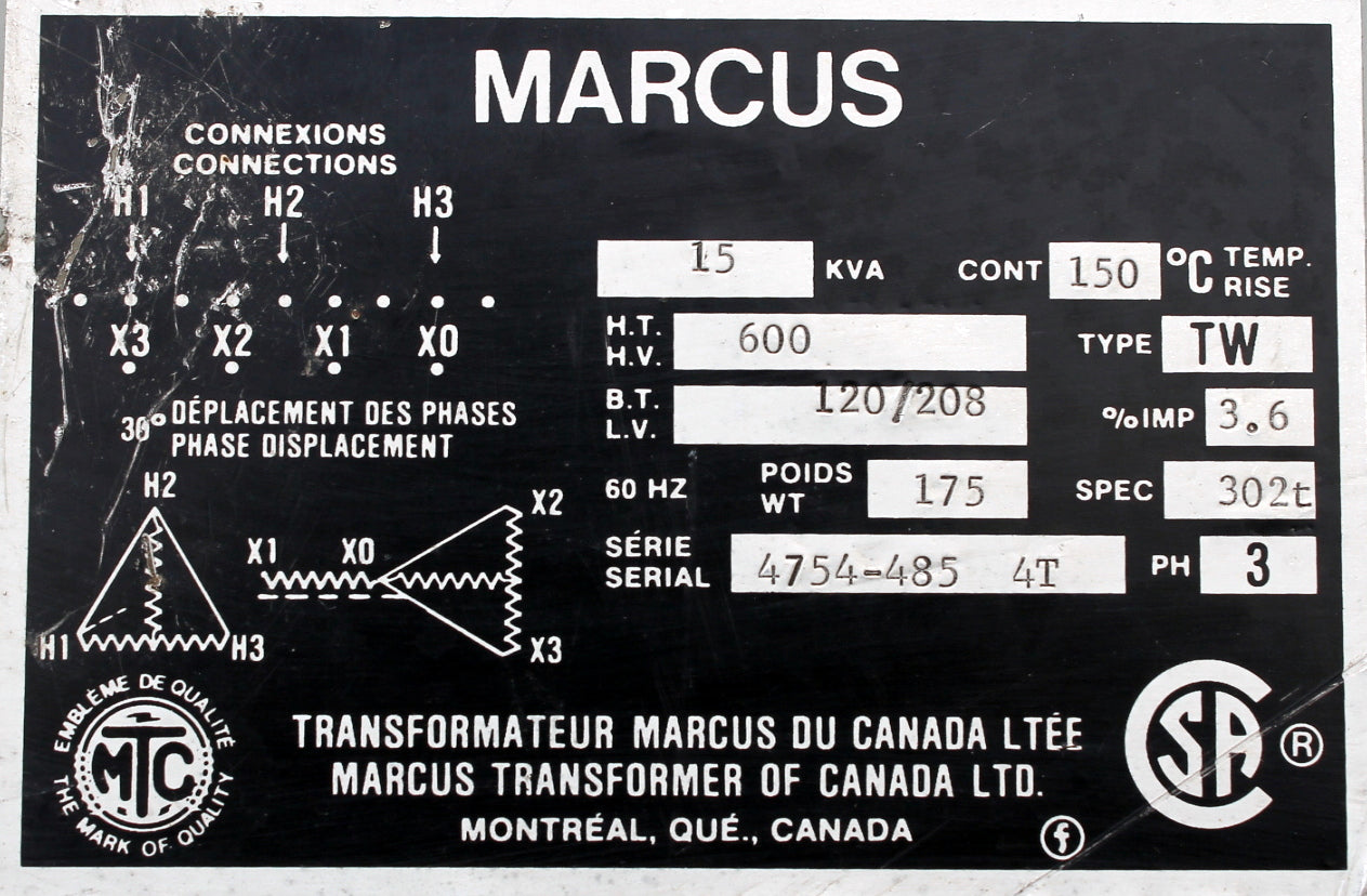 15 kVA MARCUS Reconditioned Transformer 600-120/208V Cat No 4764-485 4T SKU 3081