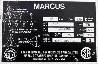 15 kVA MARCUS Reconditioned Transformer 600-120/208V Cat No 4764-485 4T SKU 3081