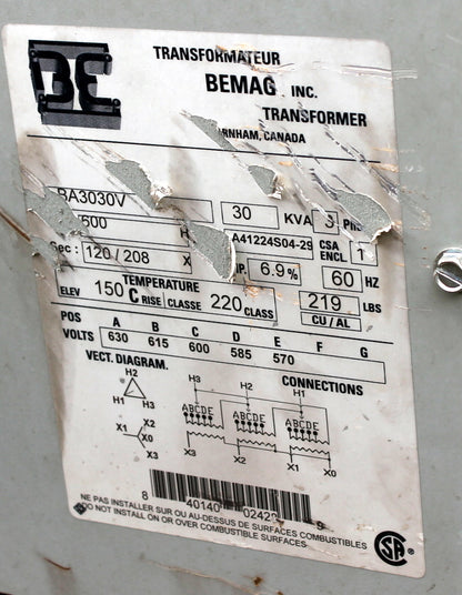 30 kVA BEMAG Reconditioned Transformer 600-120/208V Cat No BA3030V SKU 3082