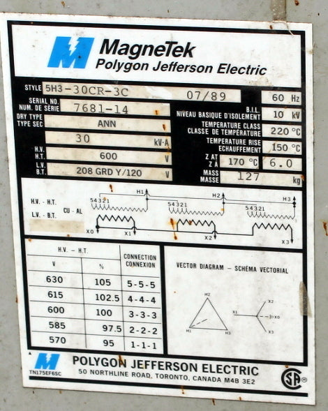 30 kVA MAGNETEK Reconditioned Transformer 600-120/208V Cat No 5H3-30CR-14 SKU 3088