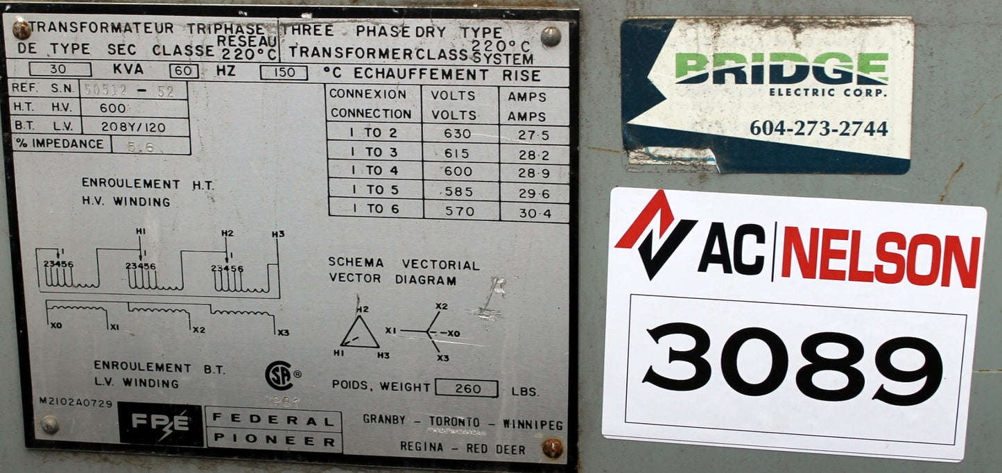 30 kVA FPE Reconditioned Transformer 600-120/208V Cat No SKU 3089