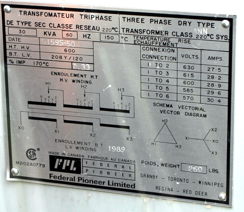 30 kVA FPL Reconditioned Transformer 600-120/208V Cat No SKU 3090