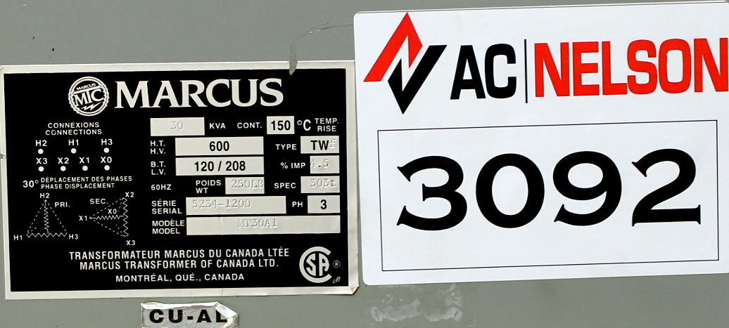 30 kVA MARCUS Reconditioned Transformer 600-120/208V Cat No MT30A1 SKU 3092