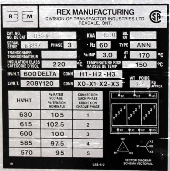 30 kVA REX Reconditioned Transformer 600-120/208V Cat No B30JM SKU 3095