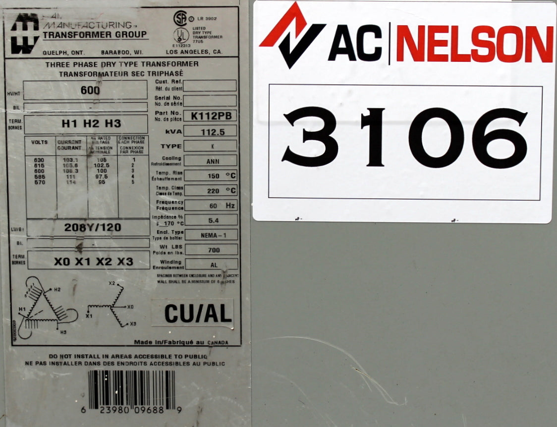 112.5 kVA HPS Reconditioned Transformer 600-120/208V Cat No K122PB SKU 3106