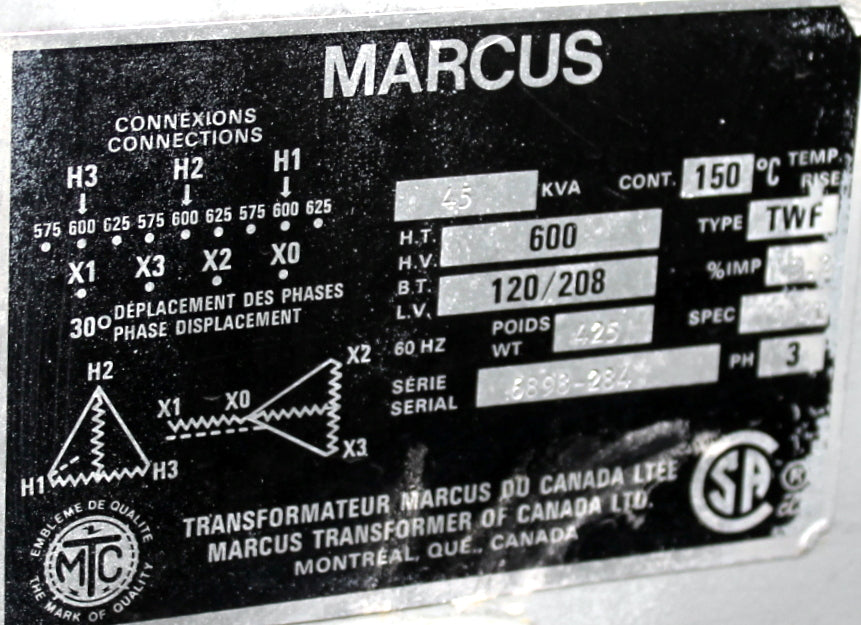 45 kVA MARCUS Reconditioned Transformer 600-120/208V Cat No 6898-284 SKU 3109