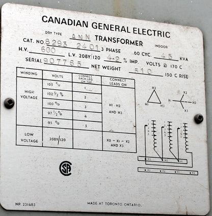 45 kVA GE Reconditioned Transformer 600-120/208V Cat No SKU 3110