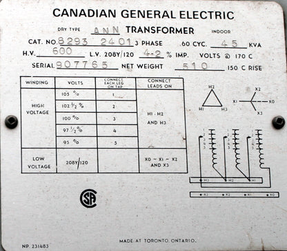 45 kVA GE Reconditioned Transformer 600-120/208V Cat No SKU 3113