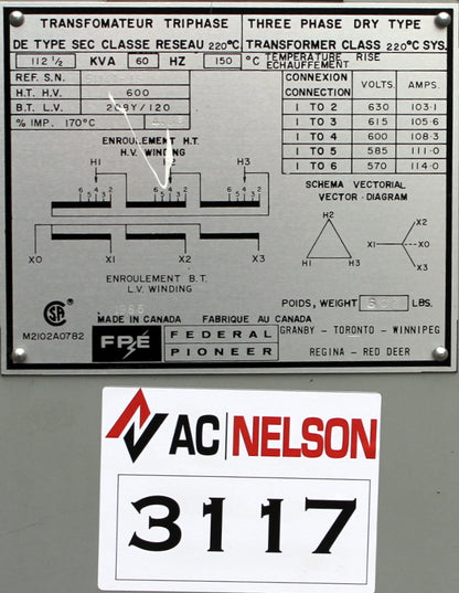 112.5 kVA FPE Reconditioned Transformer 600-120/208V Cat No SKU 3117