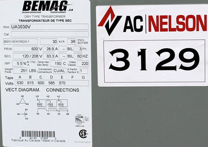 30 kVA BEMAG Reconditioned Transformer 600-120/208V Cat No UA3030V SKU 3129